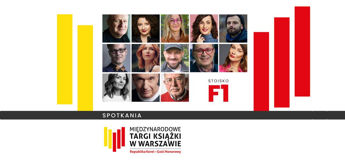 Międzynarodowe Targi Książki w Warszawie z Wydawnictwem Agora 2025. Na grafice oprócz nazwy wydarzenia i logo widoczne portrety autorów/autorek oraz numer stoiska F1.