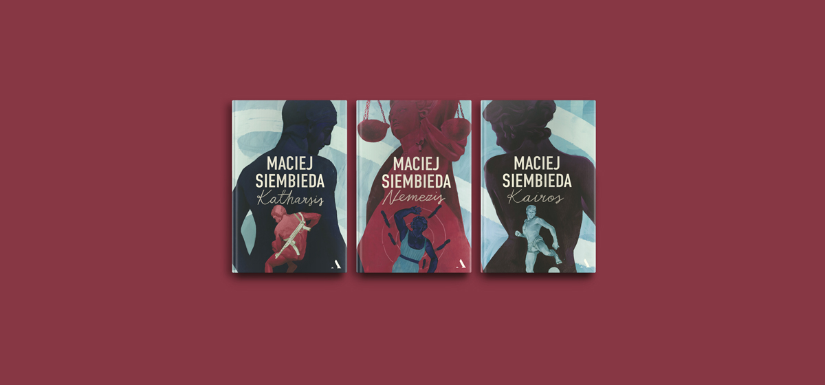 Trzy okładki książek Macieja Siembiedy tworzących trylogię grecką: „Katharsis”, „Nemezis” i „Kairos”. Ułożone obok siebie tomy mają ilustracyjne okładki z sylwetkami postaci i motywami nawiązującymi do antycznej Grecji. Całość umieszczono na bordowym tle. (grafika)