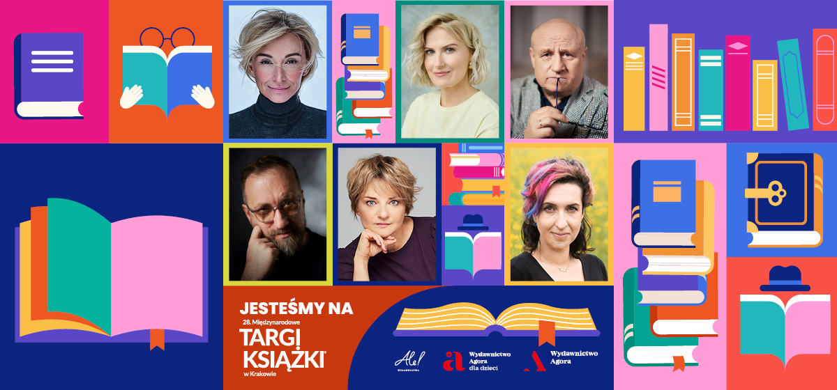 Grafika na Międzynarodowe Targi Książki w Krakowie 2026 z wizerunkami autorów i autorek: Martyna Wojciechowska, Sylwia Chutnik, Joanna Chmura, Maciej Siembieda, Natalia de Barbaro, Michał Nogaś
